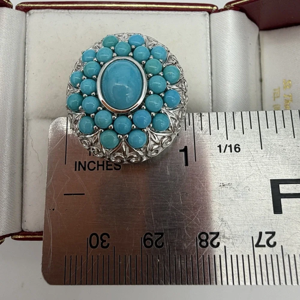 Vtg Sterling Silver Turquoise Cluster Ring QVC Affinity Statement Heavy Sz7